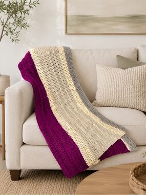 Handmade Crochet Chunky Open Knit Throw Blanket Afghan Grey Magenta Purple Gray